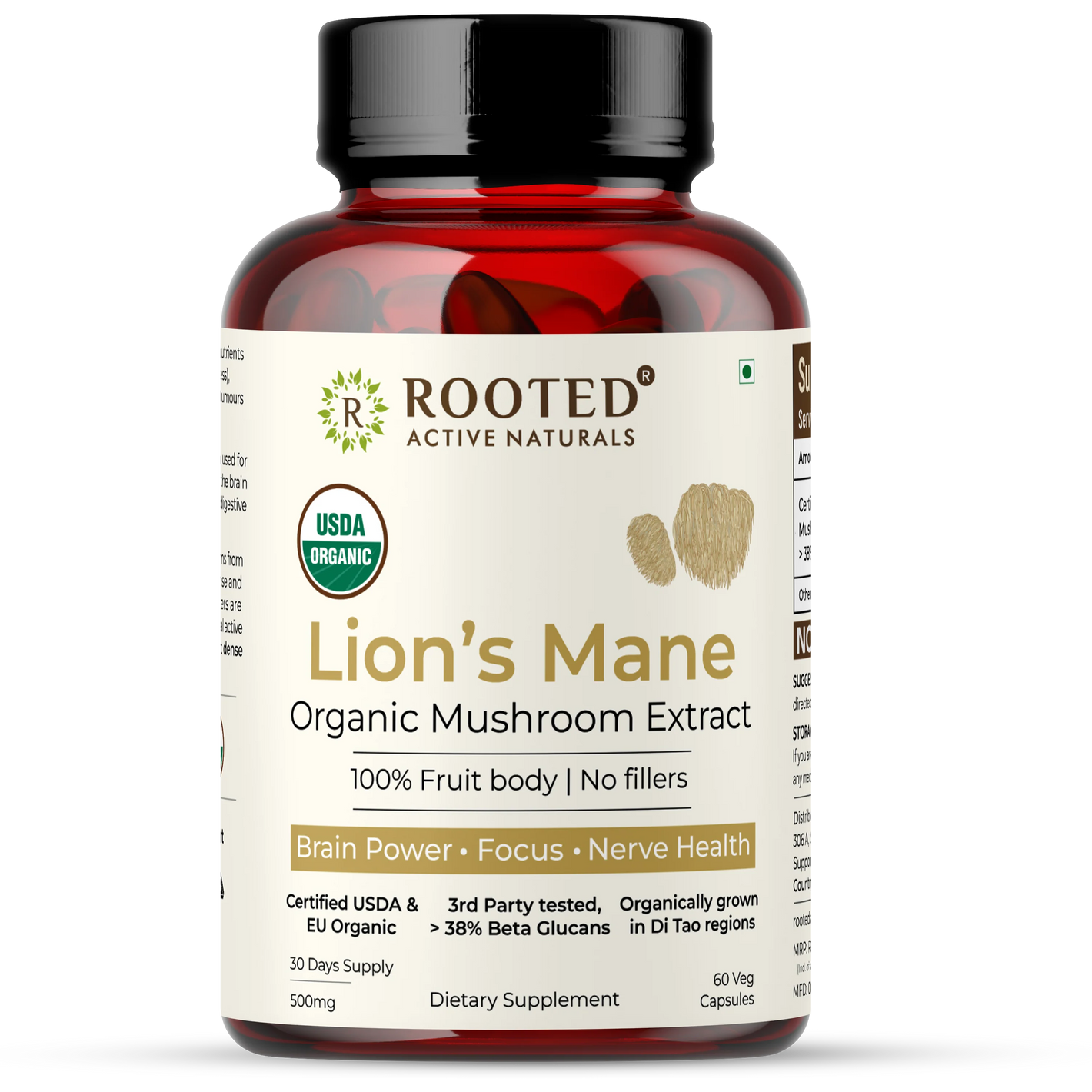 Rooted Active's Organic Lions Mane mushroom extract capsules