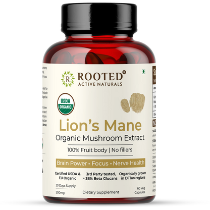 Rooted Active's Organic Lions Mane mushroom extract capsules